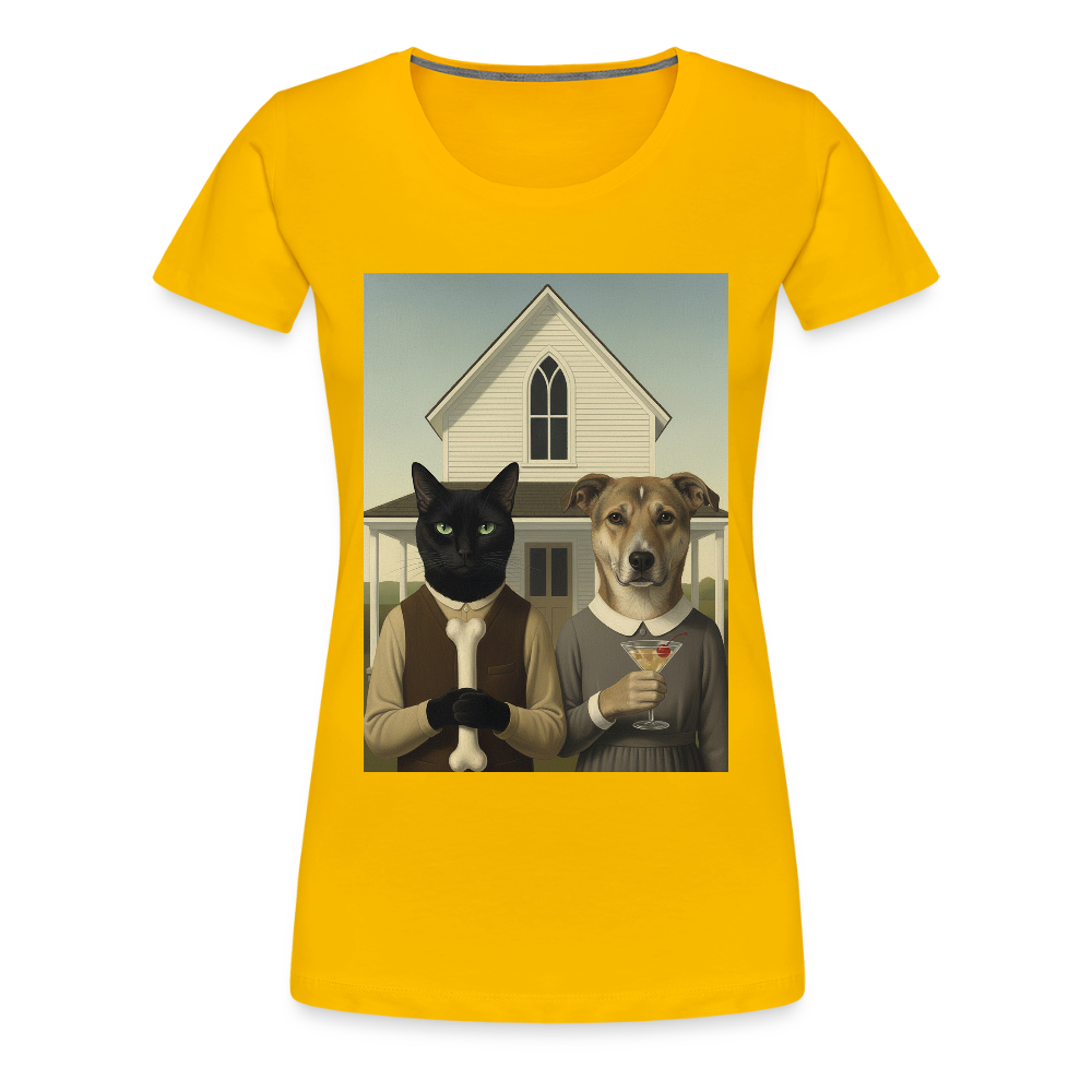 American Gothic… aber mit Katze und Hund | Frauen Premium T-Shirt - Sonnengelb