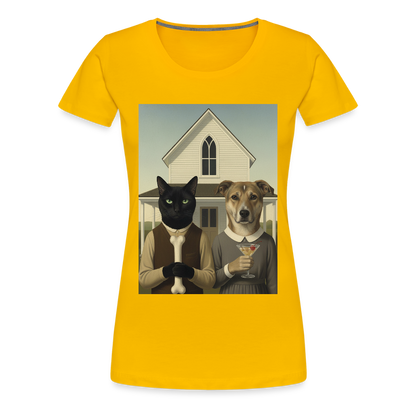 American Gothic… aber mit Katze und Hund | Frauen Premium T-Shirt - Sonnengelb