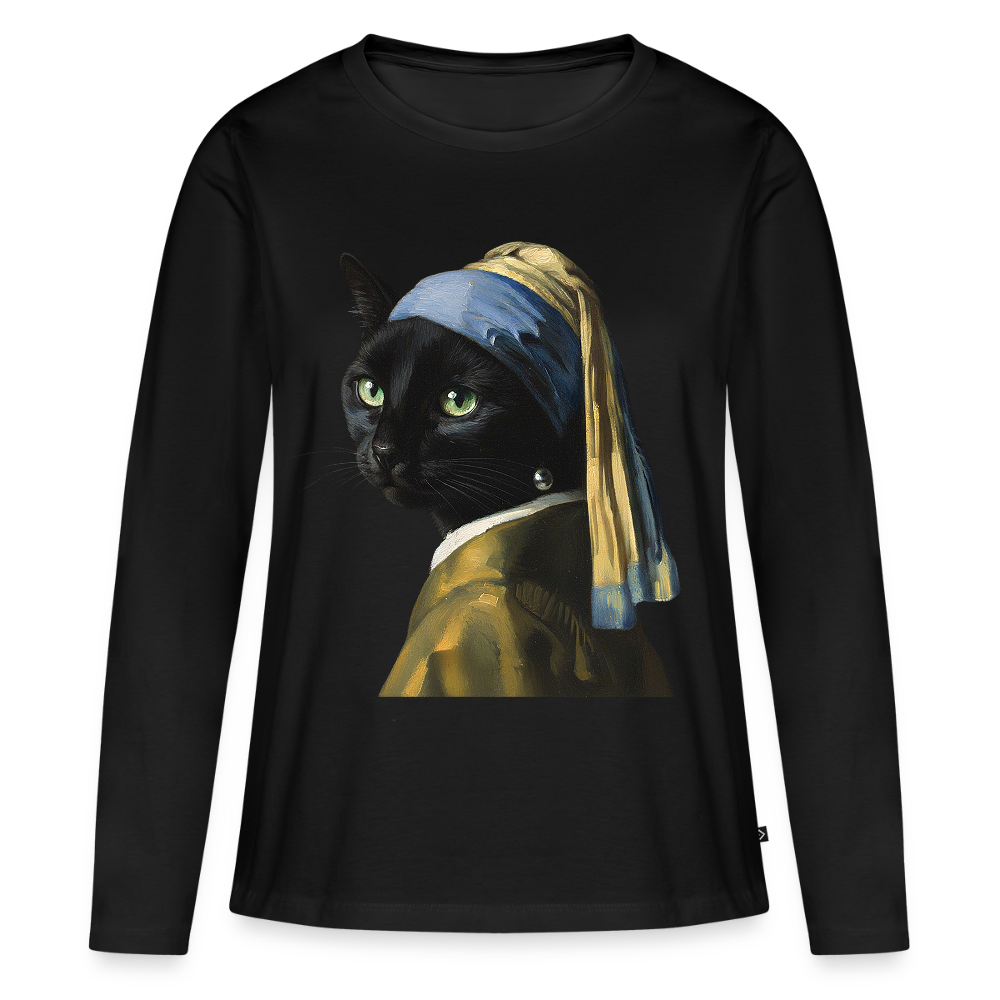 Das Mädchen mit dem Perlenohrring… aber es ist eine Katze |  Frauen Premium Bio Langarmshirt - Schwarz