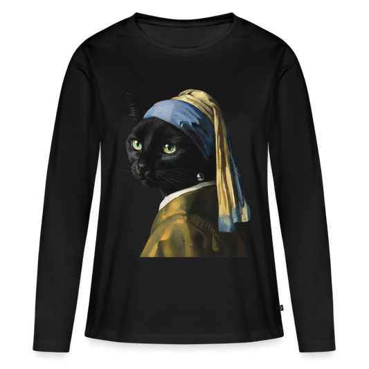 Das Mädchen mit dem Perlenohrring… aber es ist eine Katze |  Frauen Premium Bio Langarmshirt - Schwarz