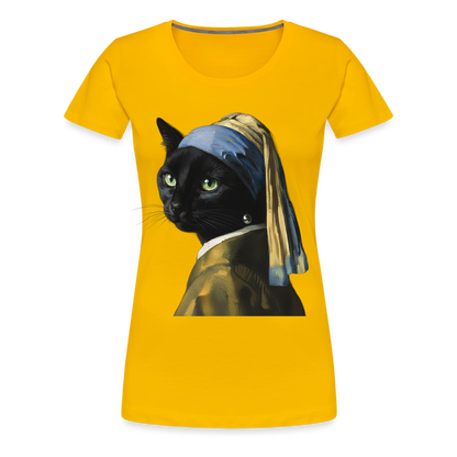 Das Mädchen mit dem Perlenohrring… aber es ist eine Katze | Frauen Premium T-Shirt - Sonnengelb