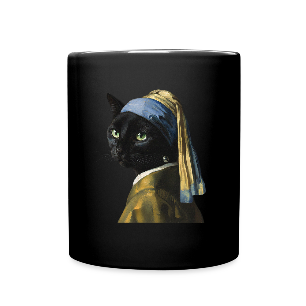 Das Mädchen mit dem Perlenohrring… aber es ist eine Katze | Tasse - Schwarz