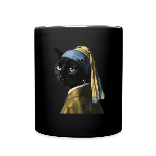 Das Mädchen mit dem Perlenohrring… aber es ist eine Katze | Tasse - Schwarz