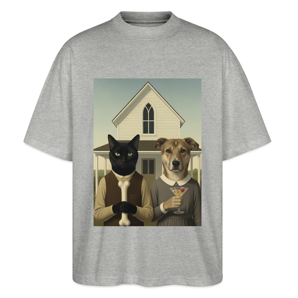 American Gothic… aber mit Katze und Hund | Stanley/Stella Oversized Unisex Bio T-Shirt Blaster - Grau meliert
