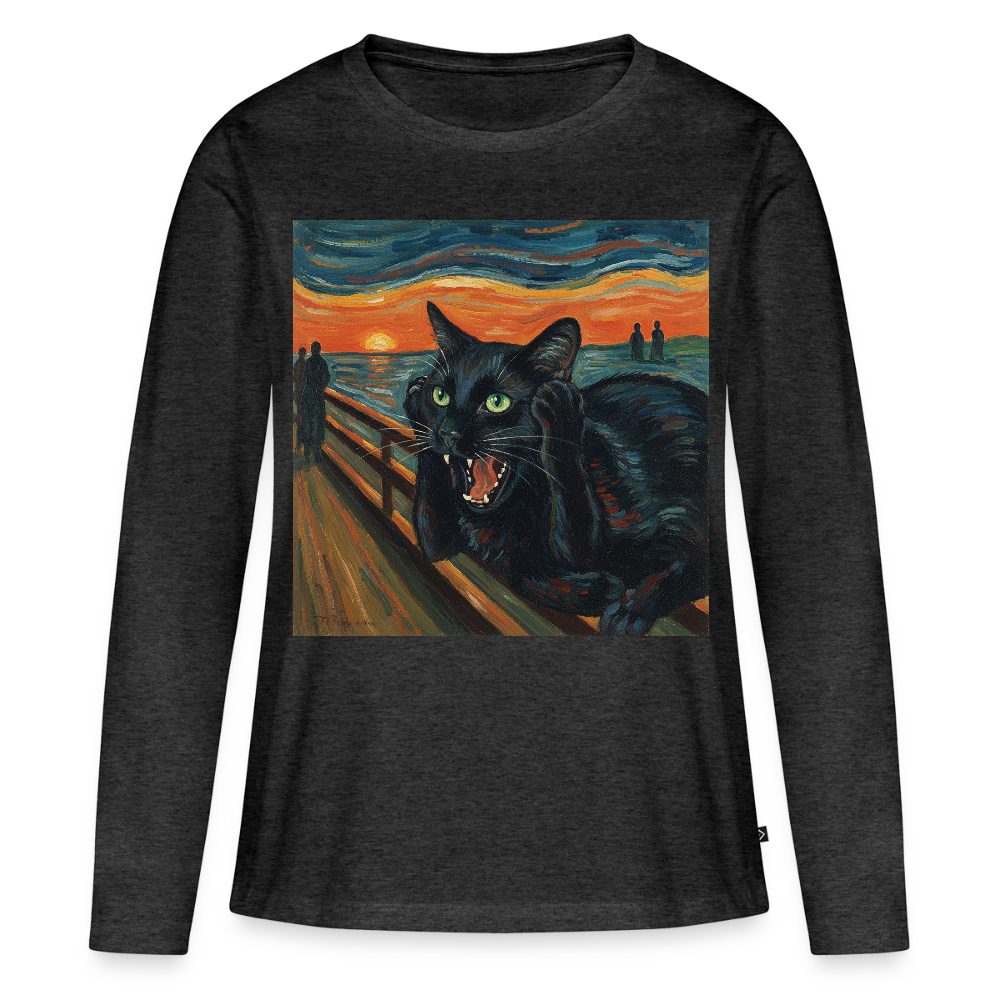 Der Schrei… aber die Katze hat’s zuerst gemerkt | Frauen Premium Bio Langarmshirt - Anthrazit meliert