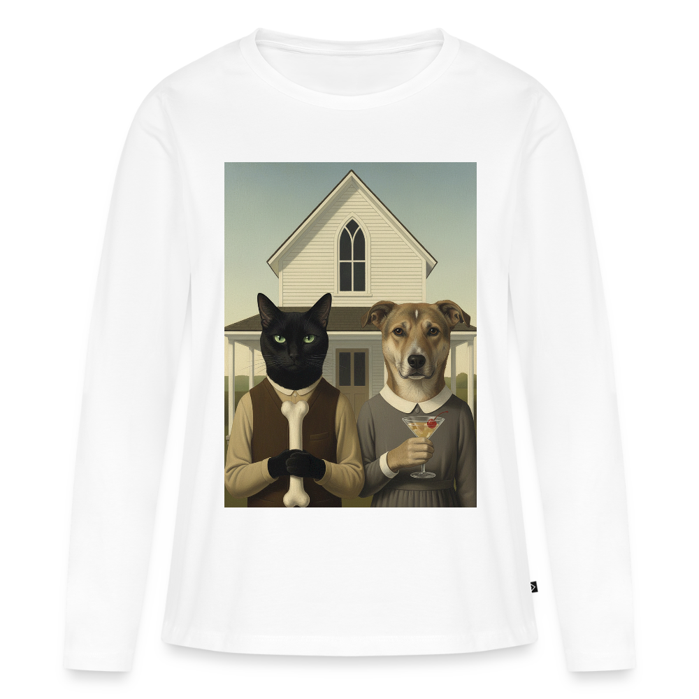 American Gothic… aber mit Katze und Hund | Frauen Premium Bio Langarmshirt - Weiß