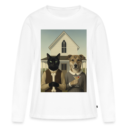 American Gothic… aber mit Katze und Hund | Frauen Premium Bio Langarmshirt - Weiß