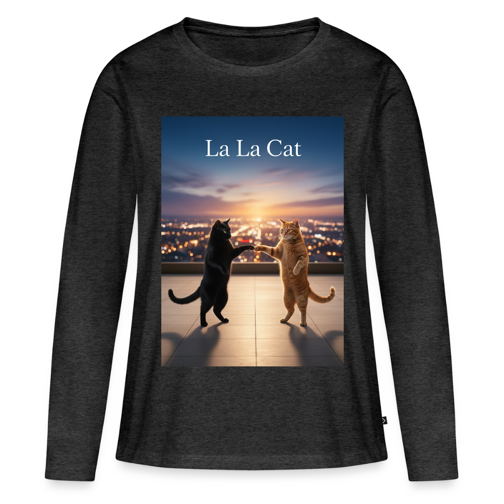 La La Cat – Tanz über den Dächern | Frauen Premium Bio Langarmshirt - Anthrazit meliert