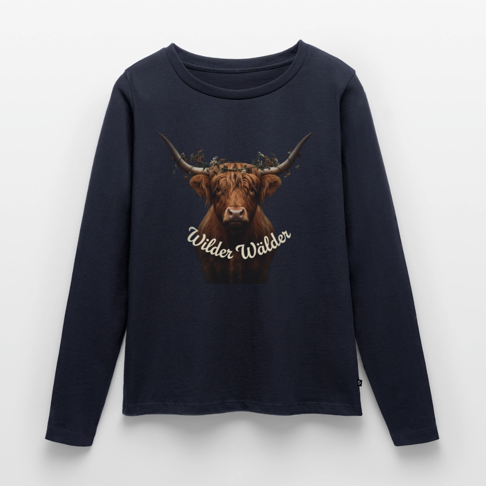Wilder Wälder – Schwarzwald Highland Rind | Frauen Premium Bio Langarmshirt - Navy