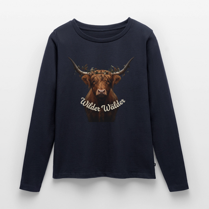 Wilder Wälder – Schwarzwald Highland Rind | Frauen Premium Bio Langarmshirt - Navy