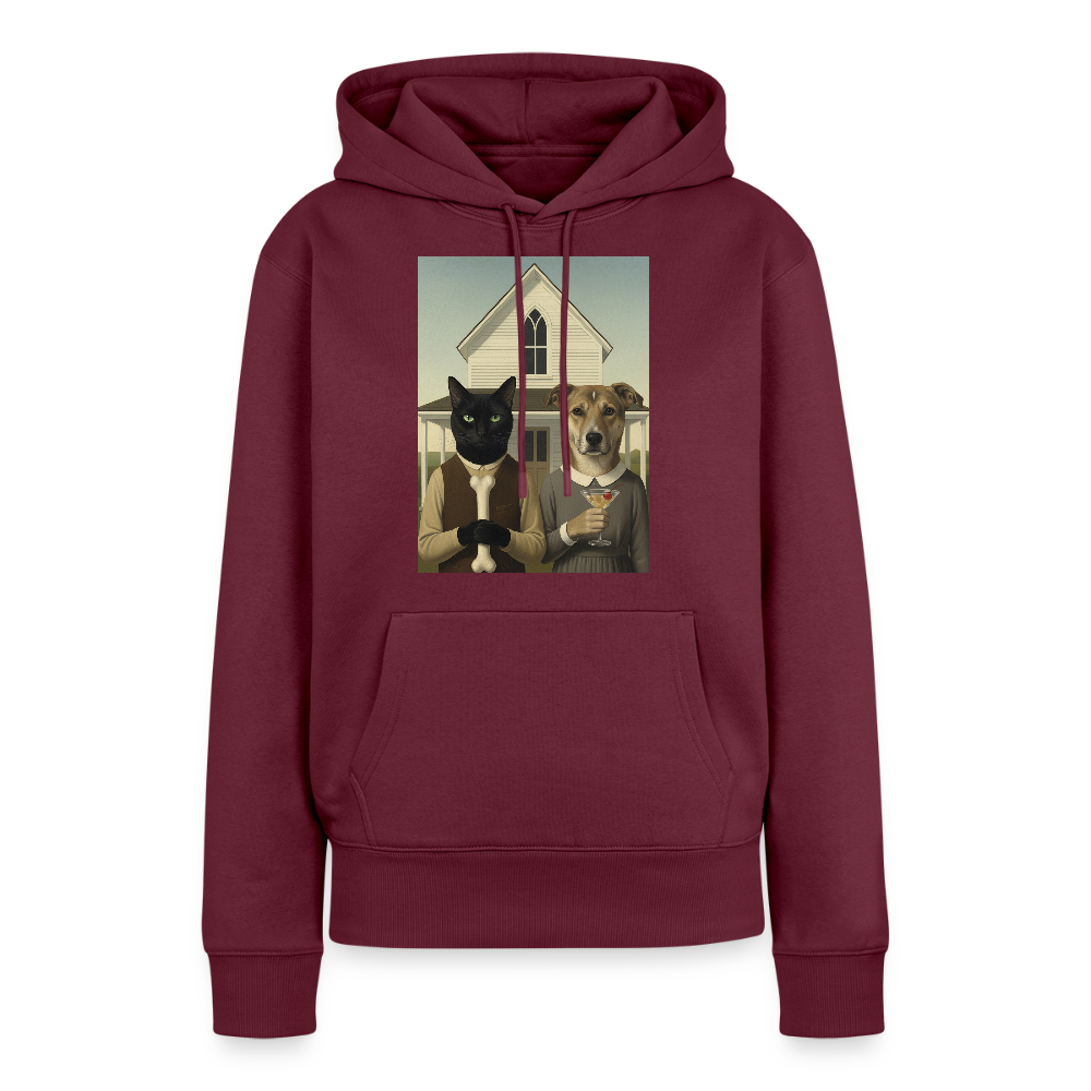 American Gothic… aber mit Katze und Hund | Frauen Premium Hoodie - Burgunderrot