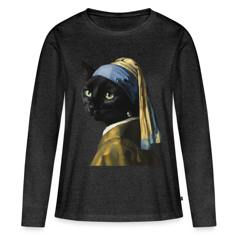 Das Mädchen mit dem Perlenohrring… aber es ist eine Katze |  Frauen Premium Bio Langarmshirt - Anthrazit meliert