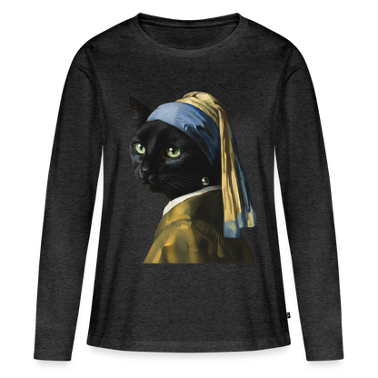 Das Mädchen mit dem Perlenohrring… aber es ist eine Katze |  Frauen Premium Bio Langarmshirt - Anthrazit meliert