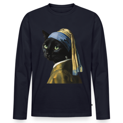 Das Mädchen mit dem Perlenohrring… aber es ist eine Katze |  Männer Premium Bio Langarmshirt - Navy