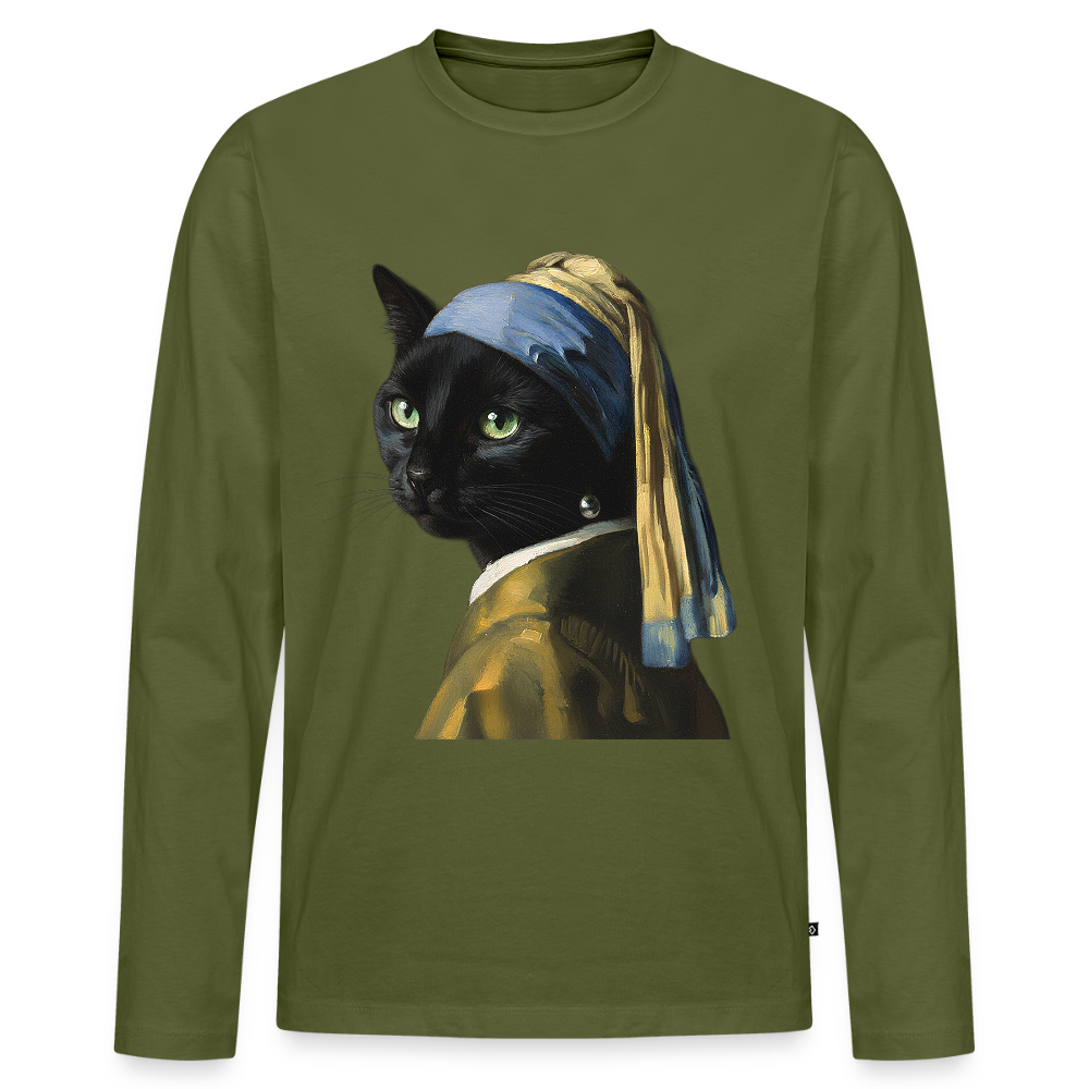 Das Mädchen mit dem Perlenohrring… aber es ist eine Katze |  Männer Premium Bio Langarmshirt - Khaki