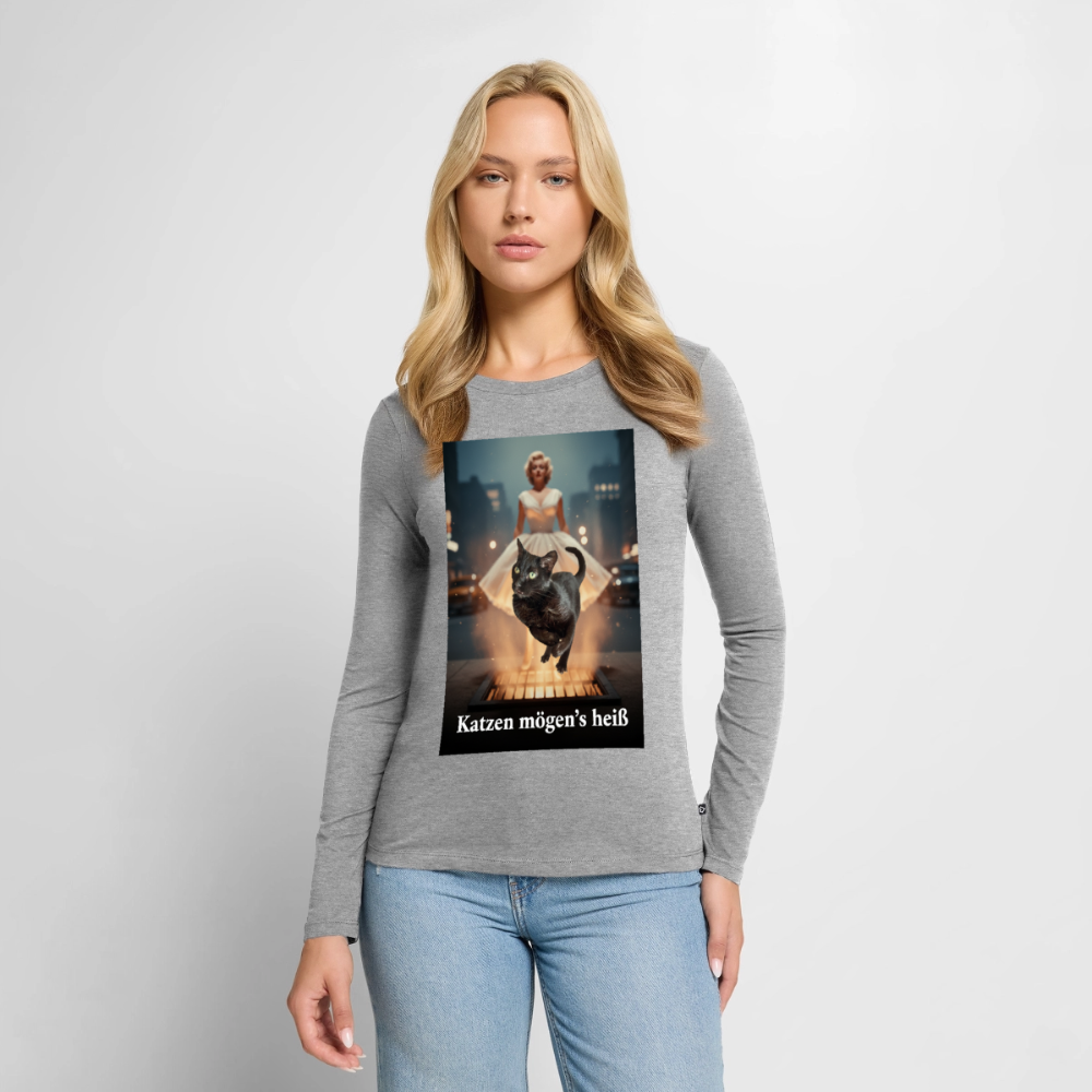 Katzen mögen’s heiß | Frauen Premium Bio Langarmshirt - Grau meliert