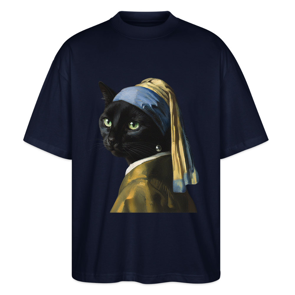 Das Mädchen mit dem Perlenohrring… aber es ist eine Katze | Stanley/Stella Oversized Unisex Bio T-Shirt Blaster - Navy