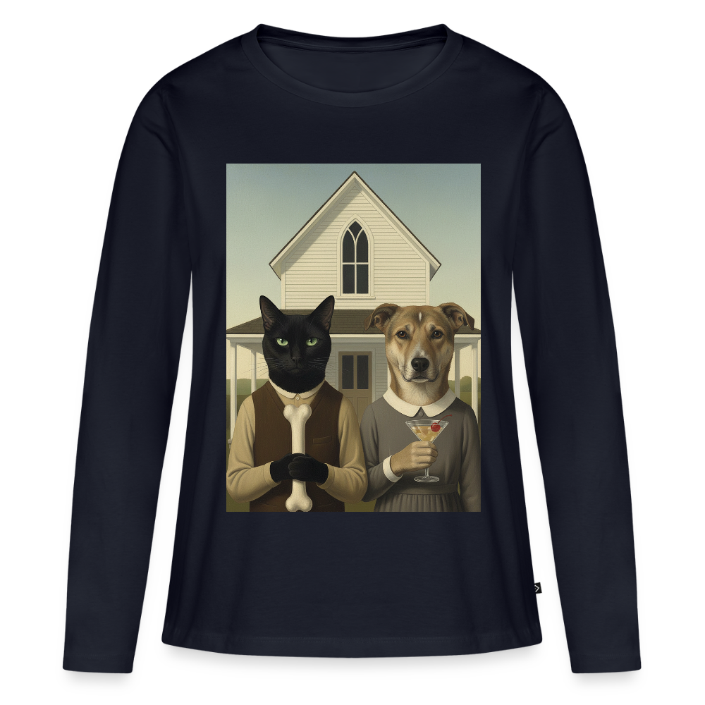 American Gothic… aber mit Katze und Hund | Frauen Premium Bio Langarmshirt - Navy