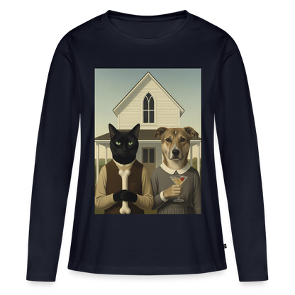 American Gothic… aber mit Katze und Hund | Frauen Premium Bio Langarmshirt - Navy