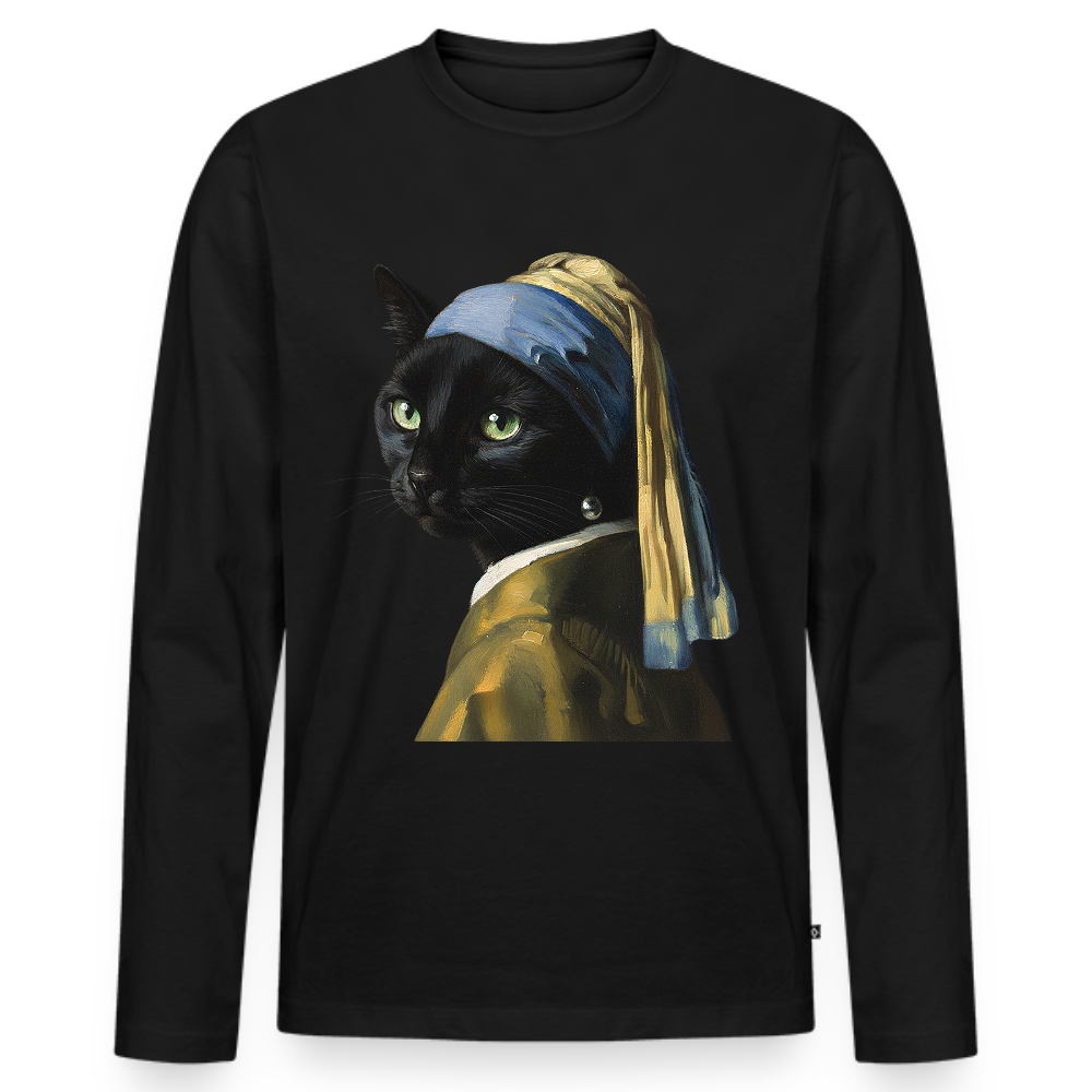 Das Mädchen mit dem Perlenohrring… aber es ist eine Katze |  Männer Premium Bio Langarmshirt - Schwarz
