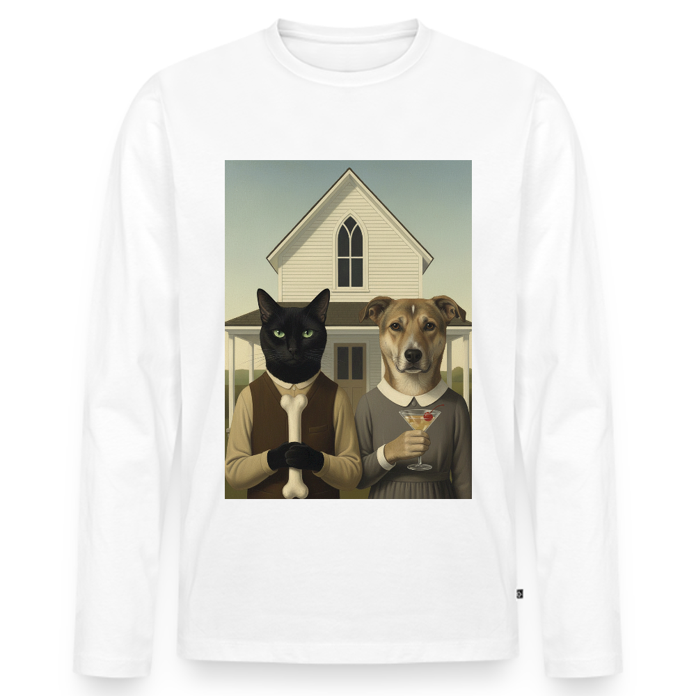 American Gothic… aber mit Katze und Hund | Männer Premium Bio Langarmshirt - Weiß
