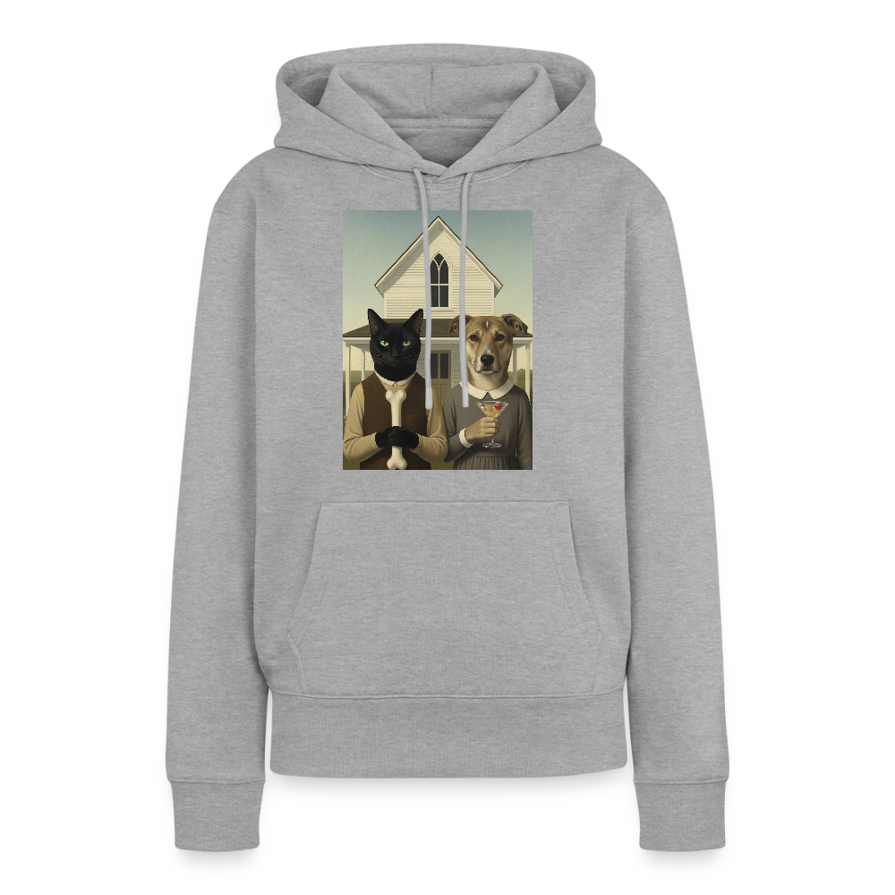 American Gothic… aber mit Katze und Hund | Frauen Premium Hoodie - Grau meliert