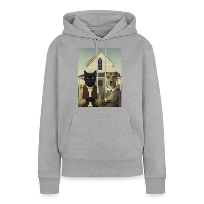 American Gothic… aber mit Katze und Hund | Frauen Premium Hoodie - Grau meliert