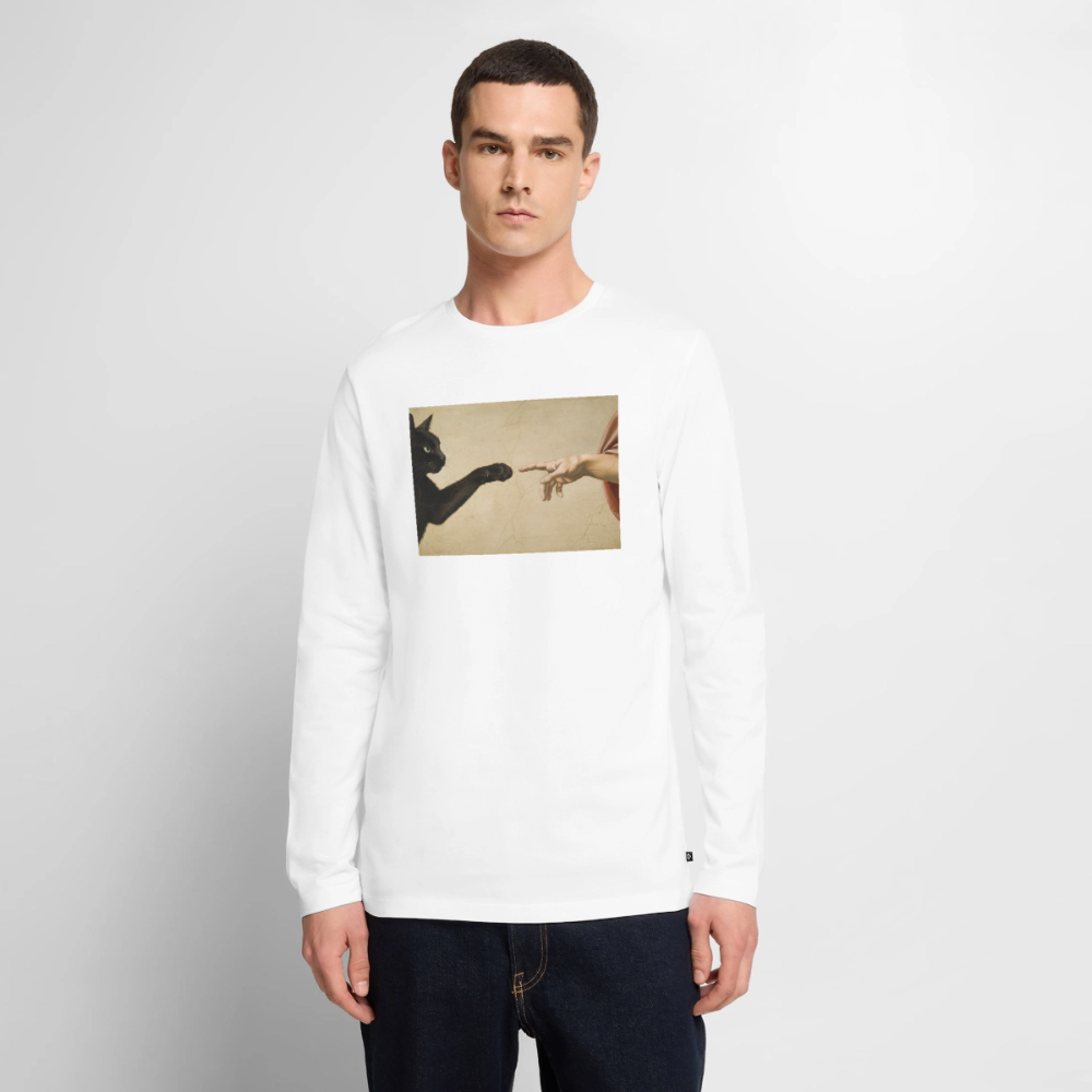 Die Erschaffung Adams… aber die Katze war schneller | Männer Premium Bio Langarmshirt - Weiß