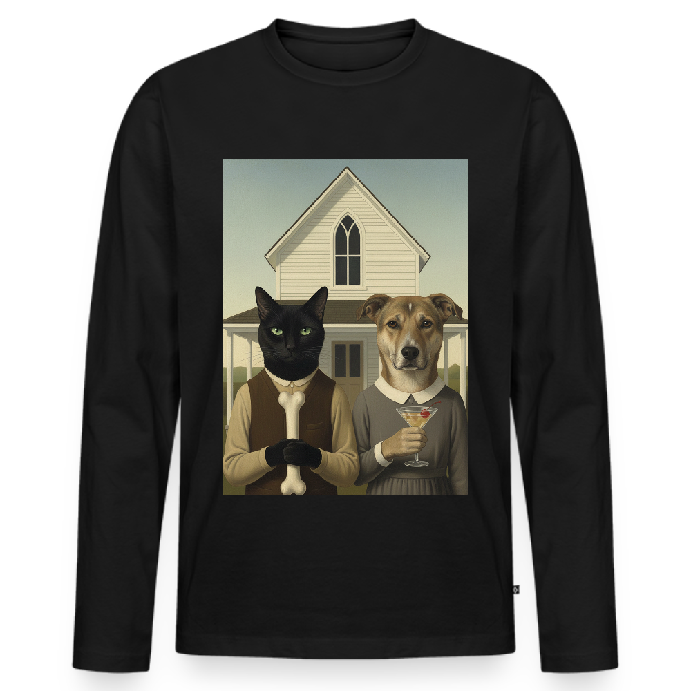 American Gothic… aber mit Katze und Hund | Männer Premium Bio Langarmshirt - Schwarz
