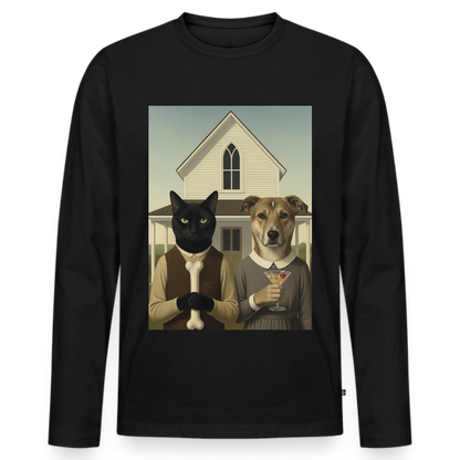 American Gothic… aber mit Katze und Hund | Männer Premium Bio Langarmshirt - Schwarz