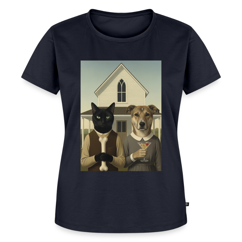 American Gothic… aber mit Katze und Hund | Frauen Premium T-Shirt - Navy
