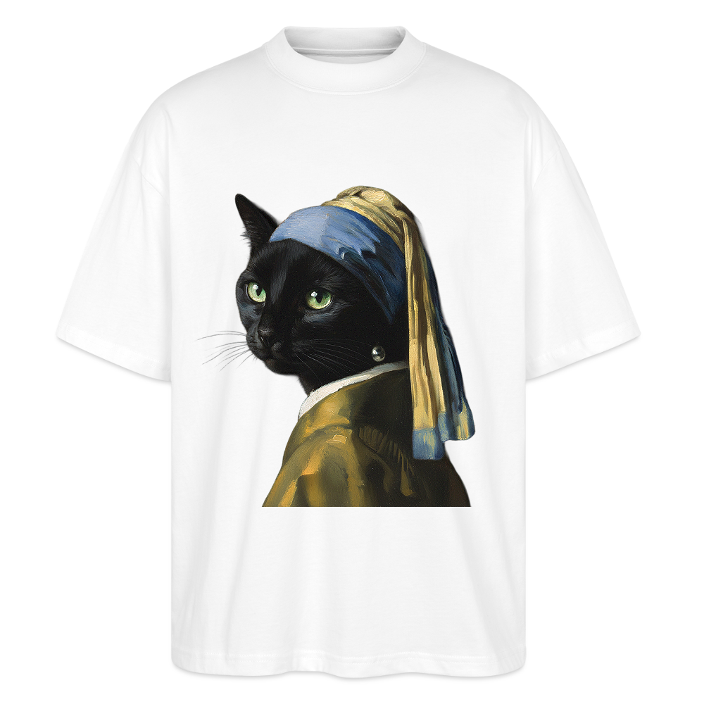 Das Mädchen mit dem Perlenohrring… aber es ist eine Katze | Stanley/Stella Oversized Unisex Bio T-Shirt Blaster - Weiß