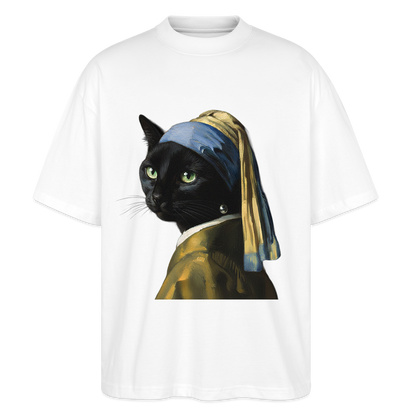 Das Mädchen mit dem Perlenohrring… aber es ist eine Katze | Stanley/Stella Oversized Unisex Bio T-Shirt Blaster - Weiß