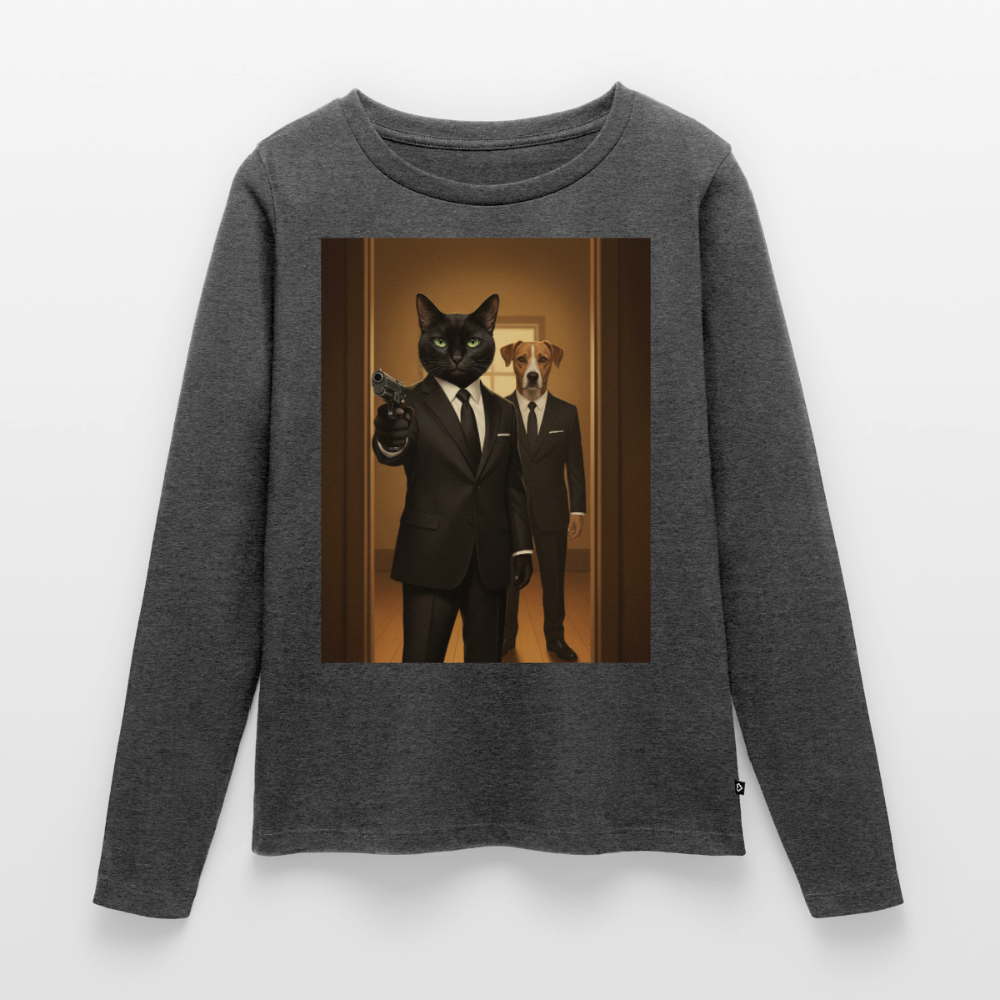 Krümel – Say Meow Again | Frauen Premium Bio Langarmshirt - Anthrazit meliert