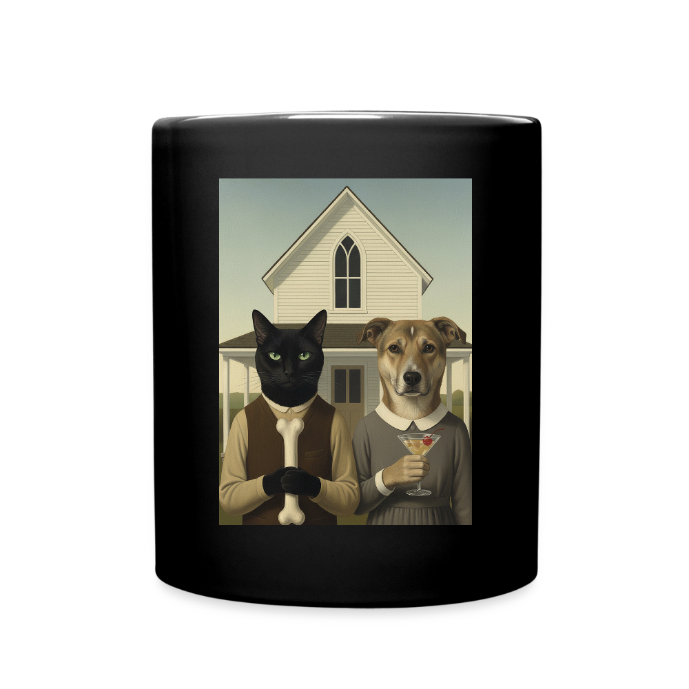 American Gothic… aber mit Katze und Hund | Tasse - Schwarz