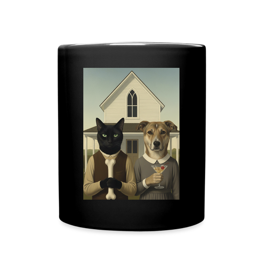 American Gothic… aber mit Katze und Hund | Tasse - Schwarz