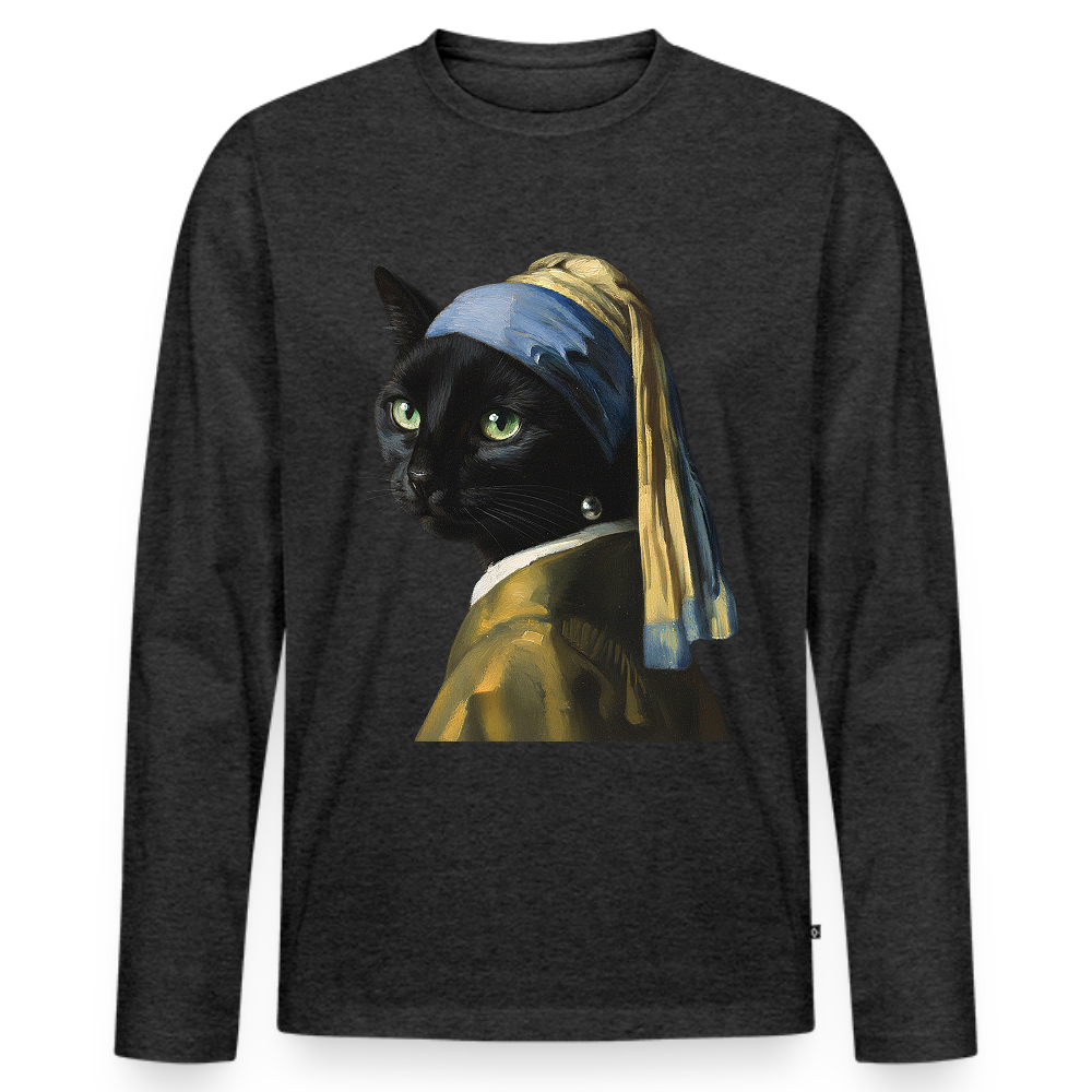 Das Mädchen mit dem Perlenohrring… aber es ist eine Katze |  Männer Premium Bio Langarmshirt - Anthrazit meliert