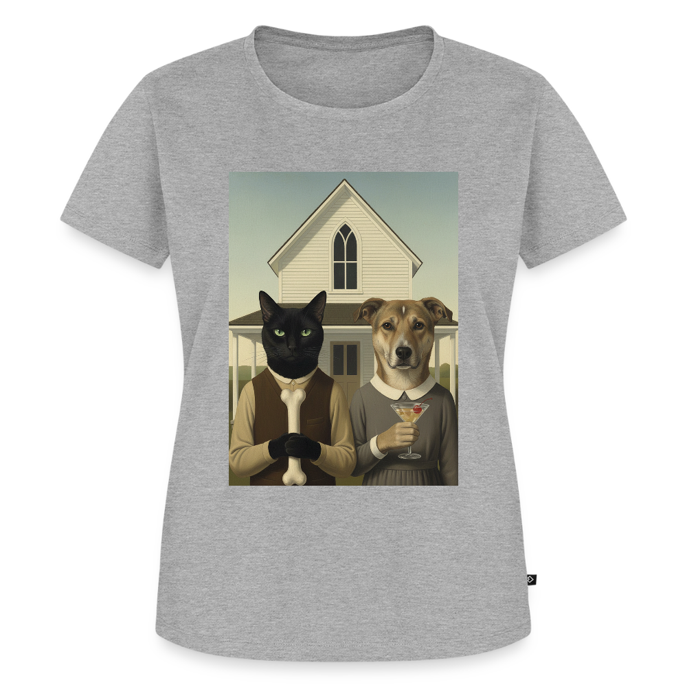 American Gothic… aber mit Katze und Hund | Frauen Premium T-Shirt - Grau meliert